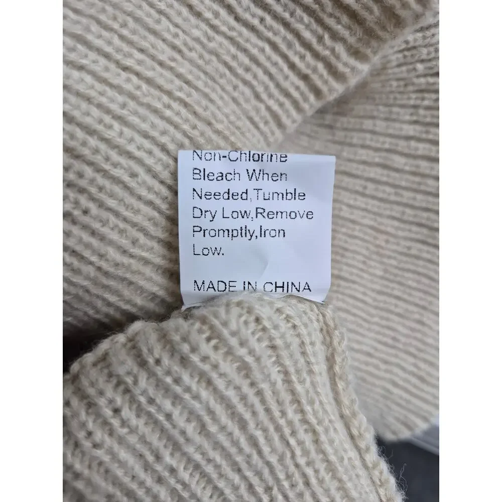 Beige Crochet Knit Boat Neck Sweater Ribbed Trim L